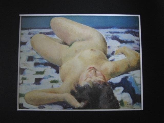 寺井力三郎、【寝る裸婦】、希少な額装用画集より、新品額装付、状態良好
