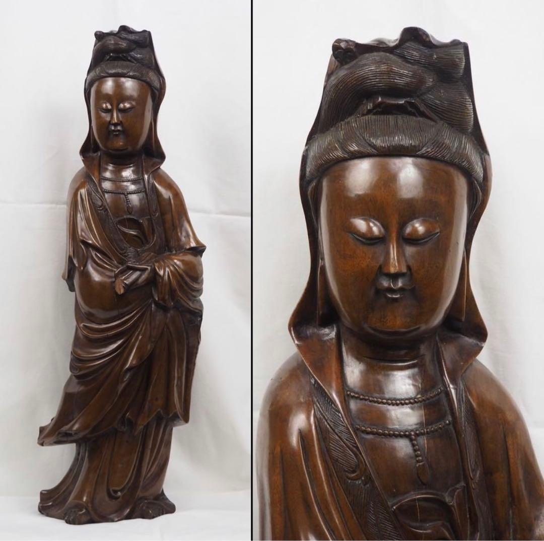 送料無料　明末～清初　龍眼木彫刻観音立像　高さ58ｃｍ