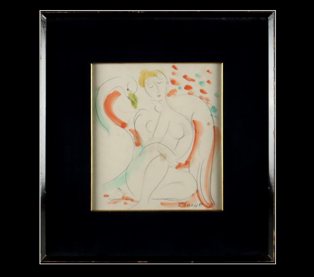 真作保証 井上長三郎 「レダ」 水彩 肉筆 色紙額装 自由美術家協会会員