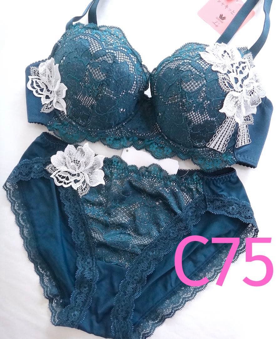ワコール ルジェ ブラジャーC75 &ショーツL　緑白レーススワロ
