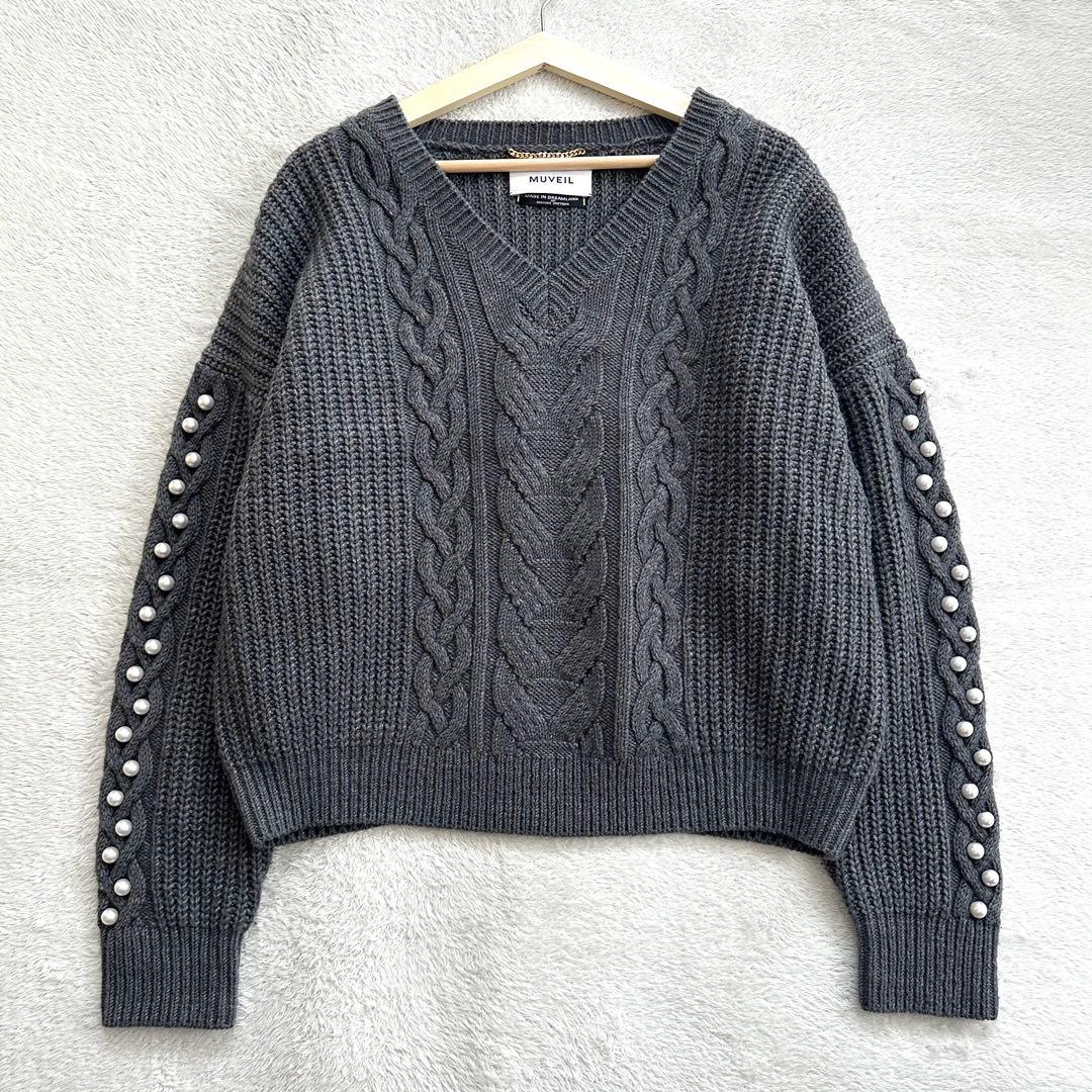 美品 MUVEIL パール袖 ケーブル編み ニット セーター Vネック 38