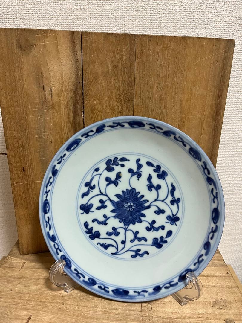 中国古美術清時代 新渡染付花文陶磁皿 古染付 茶道具 骨董 古美術箱付