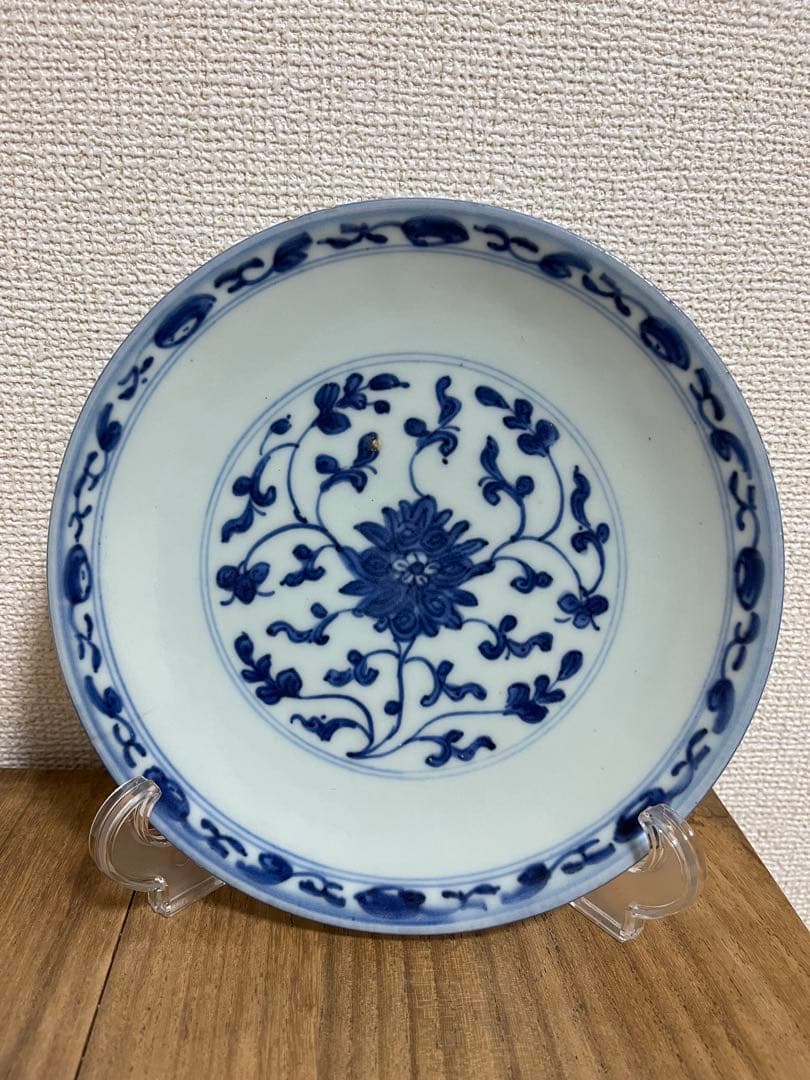 中国古美術清時代 新渡染付花文陶磁皿 古染付 茶道具 骨董 古美術箱付