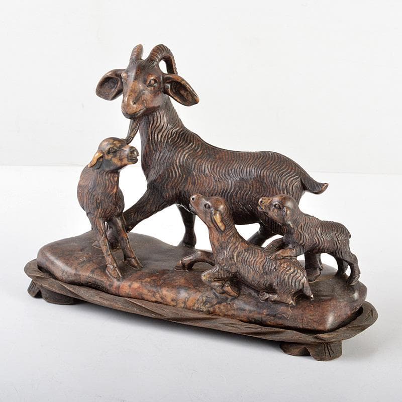 中国　玉石彫刻　羊親子　唐木台付　C　R5763