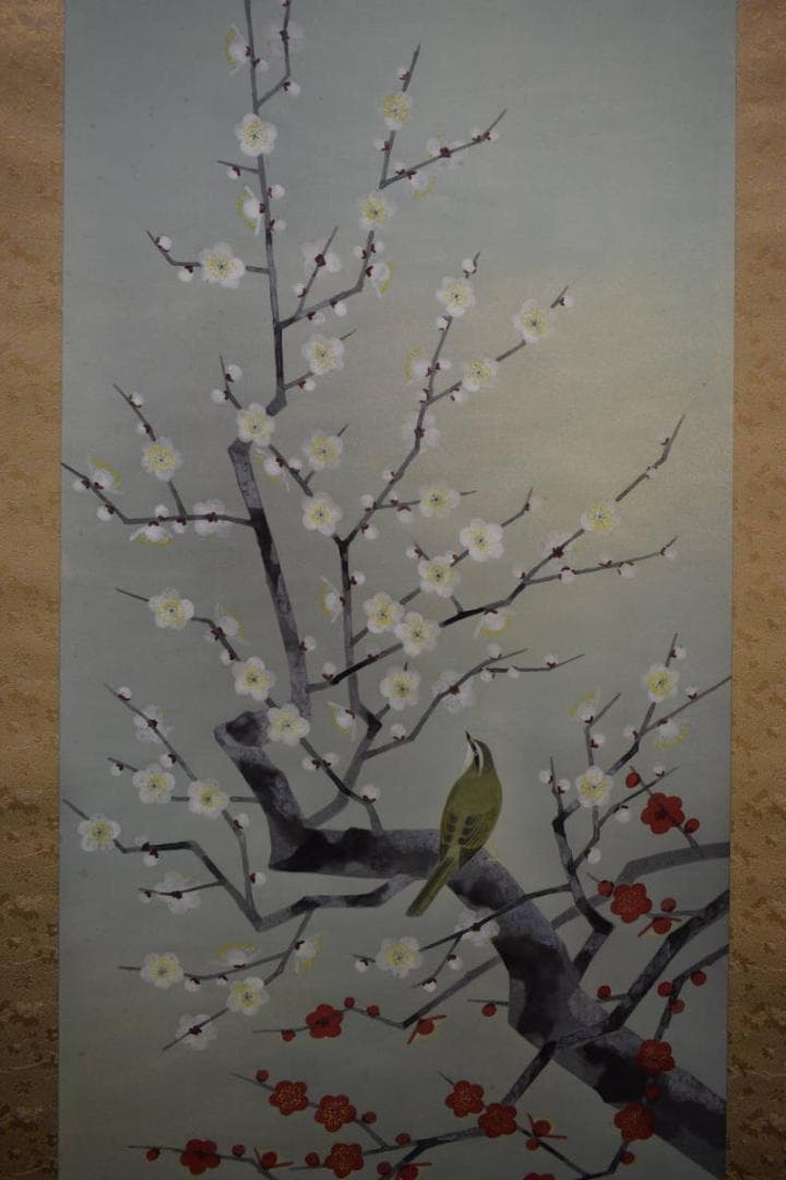 真作/新山晃司/紅白梅鴬図/桐共箱二重箱付/布袋屋掛軸HF-985