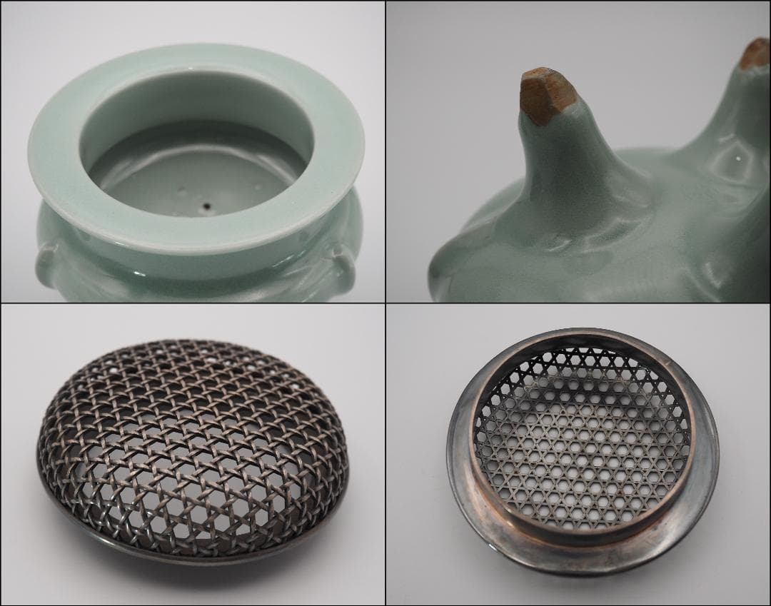 帝室技芸員 初代諏訪蘇山造 青磁 袴腰香炉 純銀透彫火舎 二代蘇山極箱