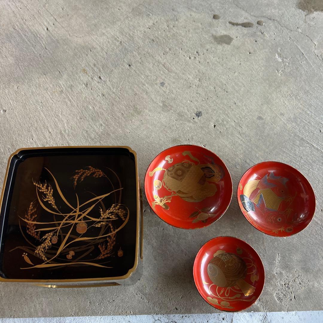 朱塗　三つ組　輪島塗　蒔絵
