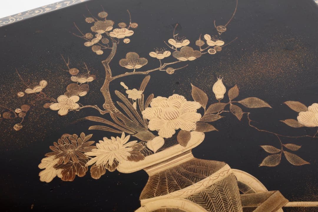 時代漆器 黒漆金蒔絵 花車文 ー段重箱 共箱付 菓子器 御節料理 古美術