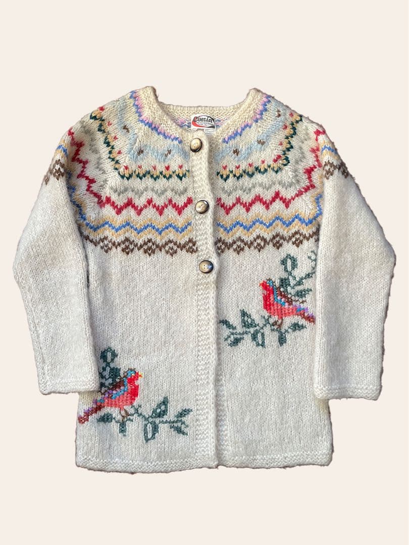 70s ユーロ ヴィンテージ クリーム色 ニット 古着 鳥刺繍 手編み 民族衣装