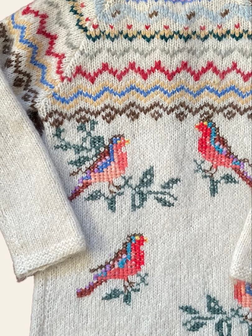 70s ユーロ ヴィンテージ クリーム色 ニット 古着 鳥刺繍 手編み 民族