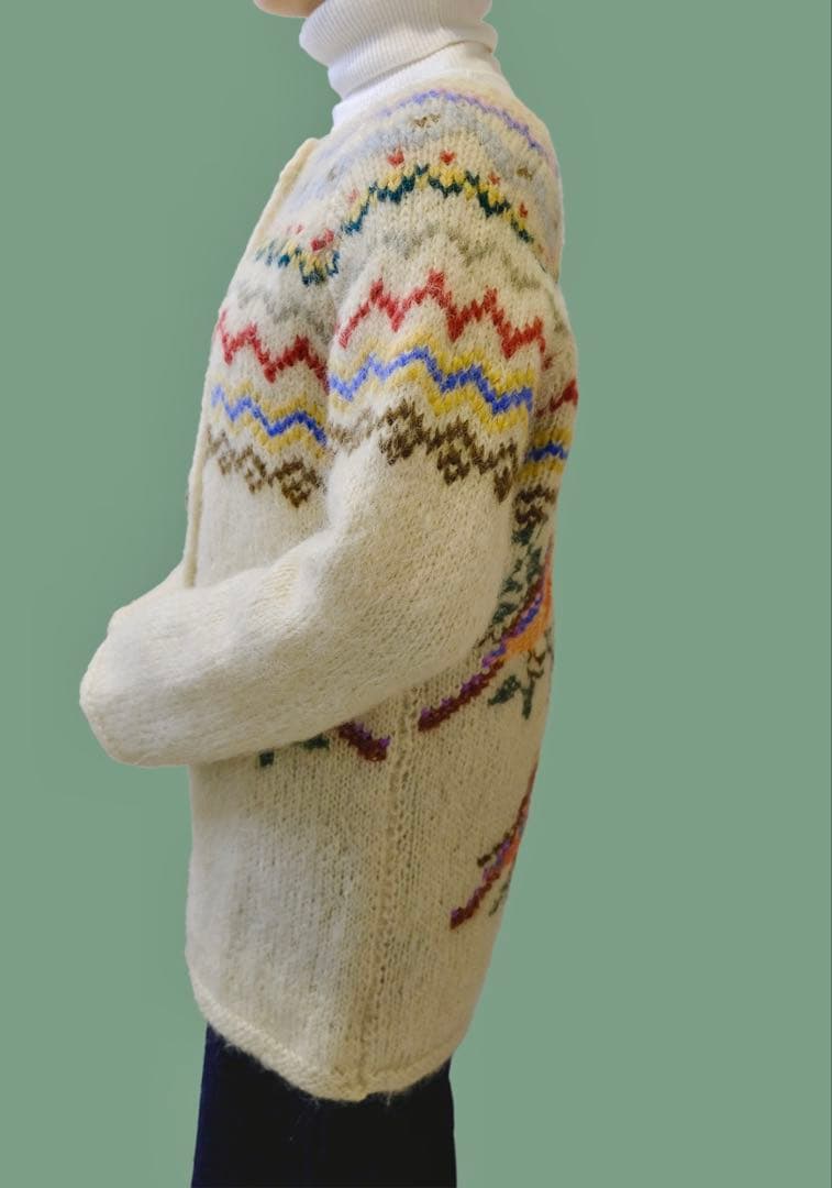 70s ユーロ ヴィンテージ クリーム色 ニット 古着 鳥刺繍 手編み 民族