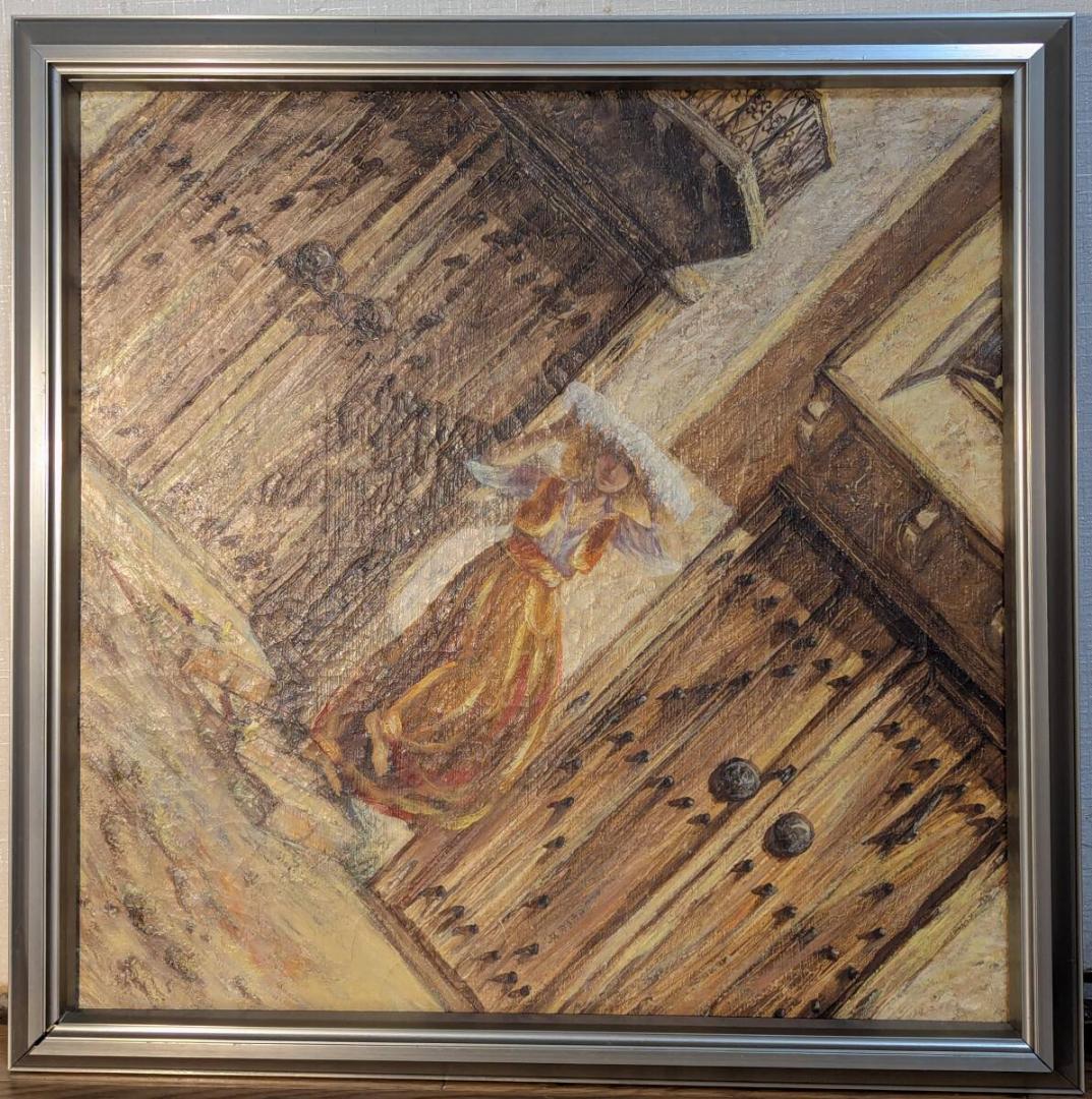 【真作】絵画　油彩　古都の門前　時を纏う女性　麗しき一瞬　過ぎゆく時　Y127