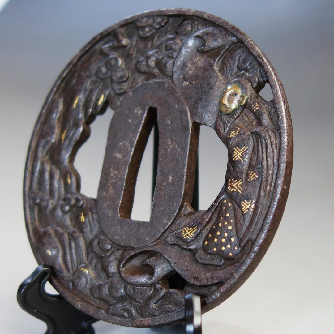 岩窟賢人巻物図鍔 銅象嵌】 鍔 鐔 鉄地 刀装具 日本刀 武具 江戸 骨董