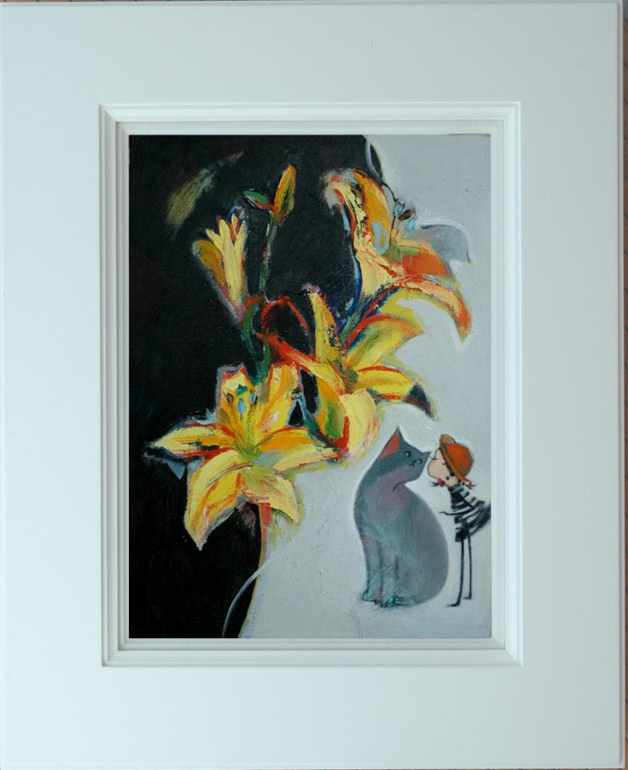 油絵 菅家令子 絵 絵画インテリア額付(白) uF6-050320 子猫と女の子 ❤️新作 油絵菅家令子絵画インテリア額(青緑＋金色枠)F6-010426市松