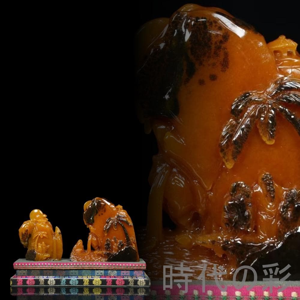 中国古美術【田黄石 山水人物】尚均作款 細密彫 純手彫り 寿山石細作 在銘 擺件