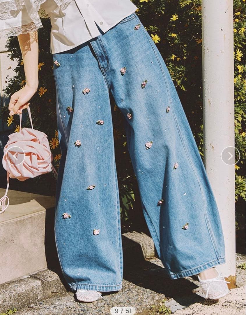 新品未使用　バリエーションビジューデニムパンツ　BLU 0サイズ