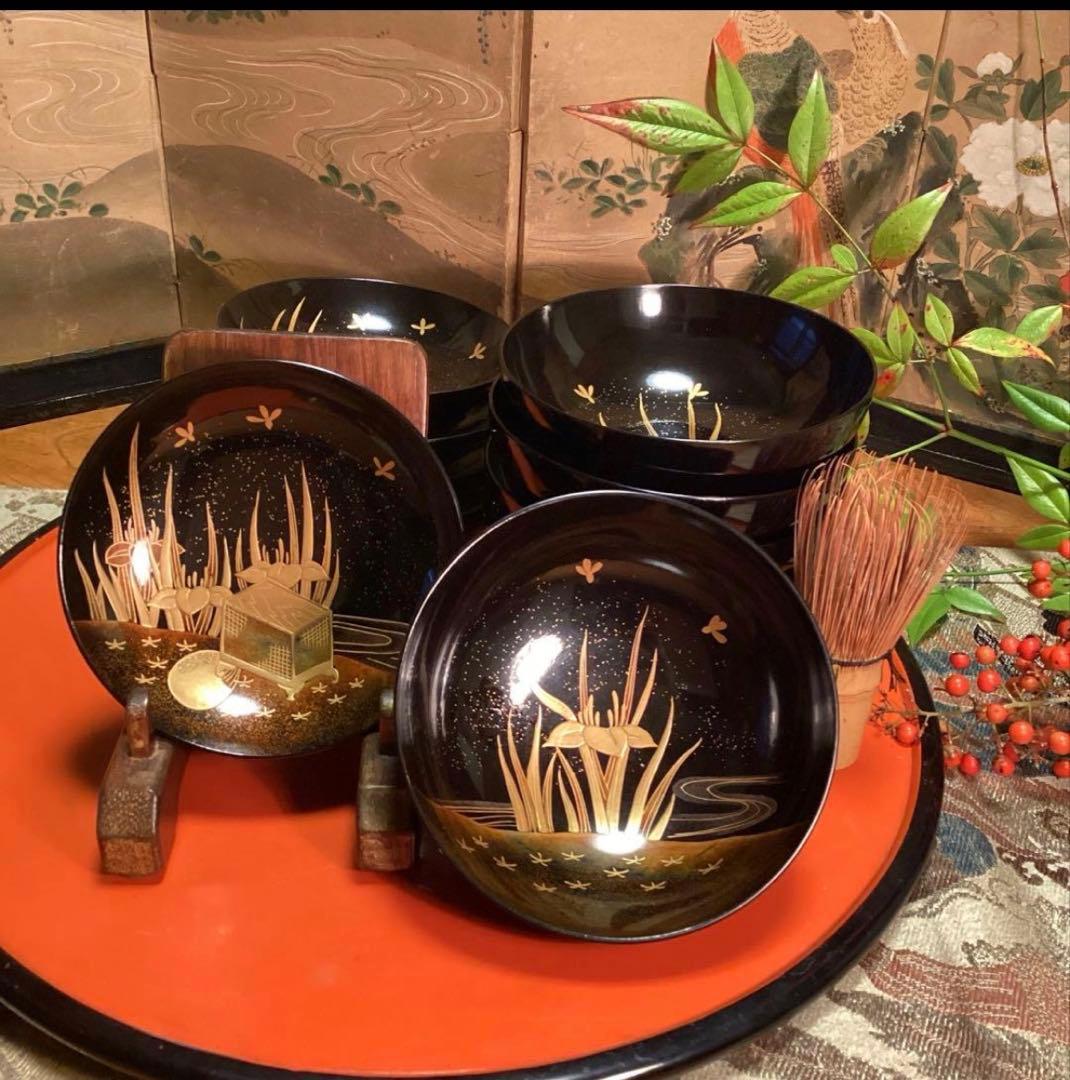 A1060 木製輪島塗　懐石道具　衝羽根に流水菖蒲　吸物椀　蒔絵　2客