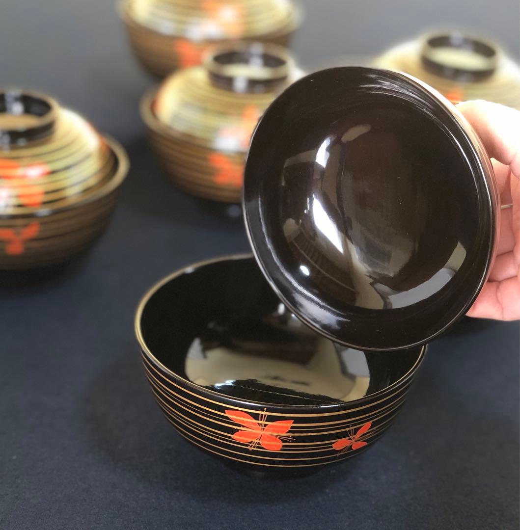 《レ》懐石 黒塗 金線模様 吸物椀6客 克己作 木製漆器 共箱 260128く2