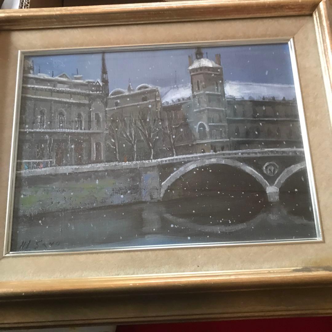 【油彩画】冬のパリ・セーヌ川風景（サイン入り／ヨーロッパ調アンティーク風）