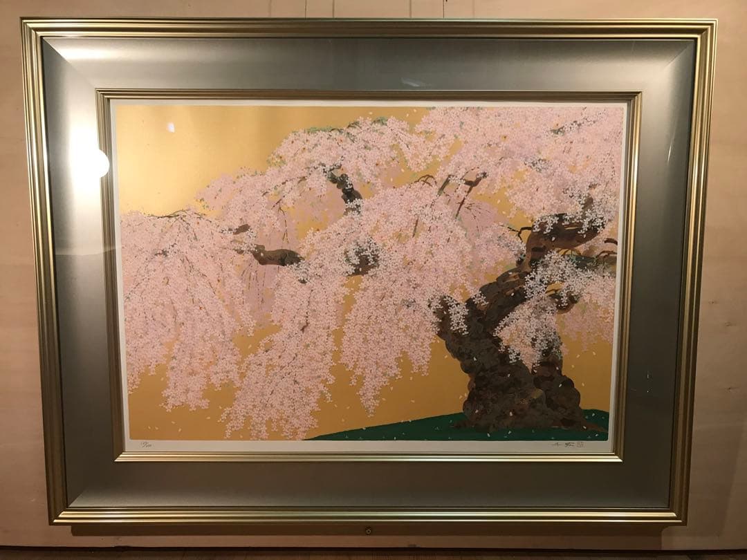 中島千波「春輝神田の大糸桜」シルクスクリーン　直筆サイン・落款・作品証明シール有