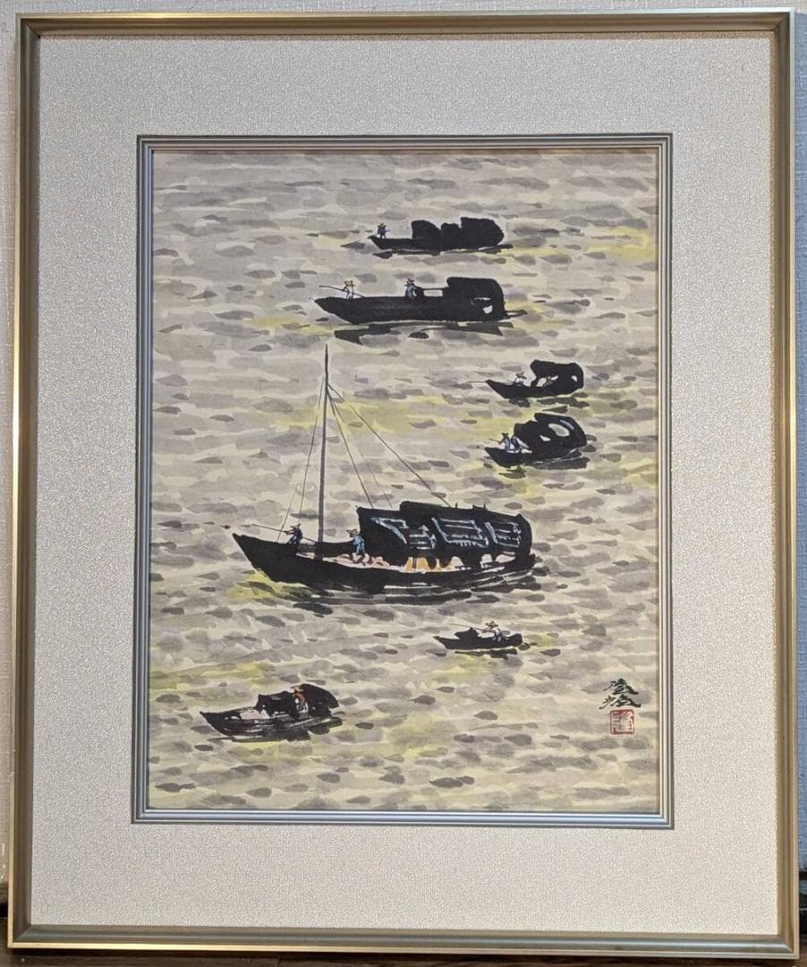 【真作】絵画　日本画6号　珠江　風情ある舟行の情景　優雅な水辺風景画　Y78