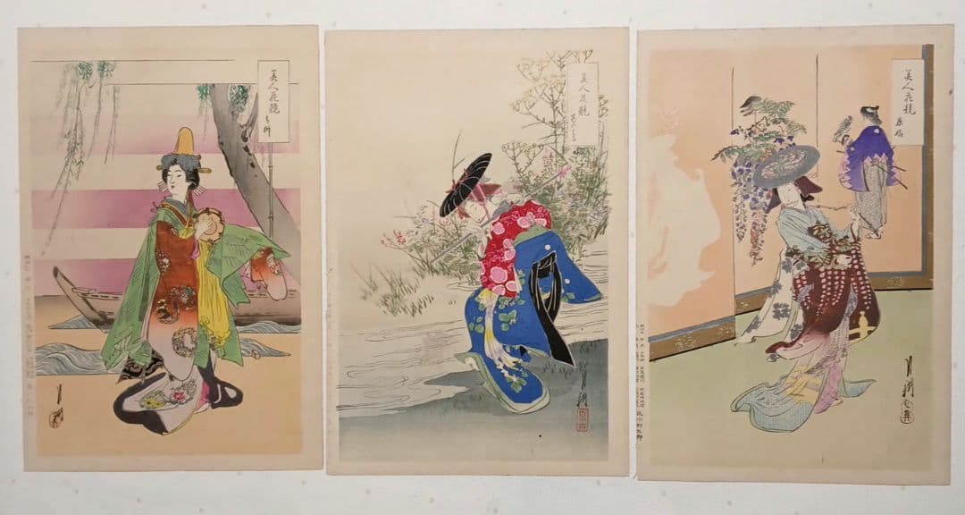 浮世絵版画、美人花競（全24枚揃い目録付き画帖崩れ) 尾形月耕画明治20年代出版