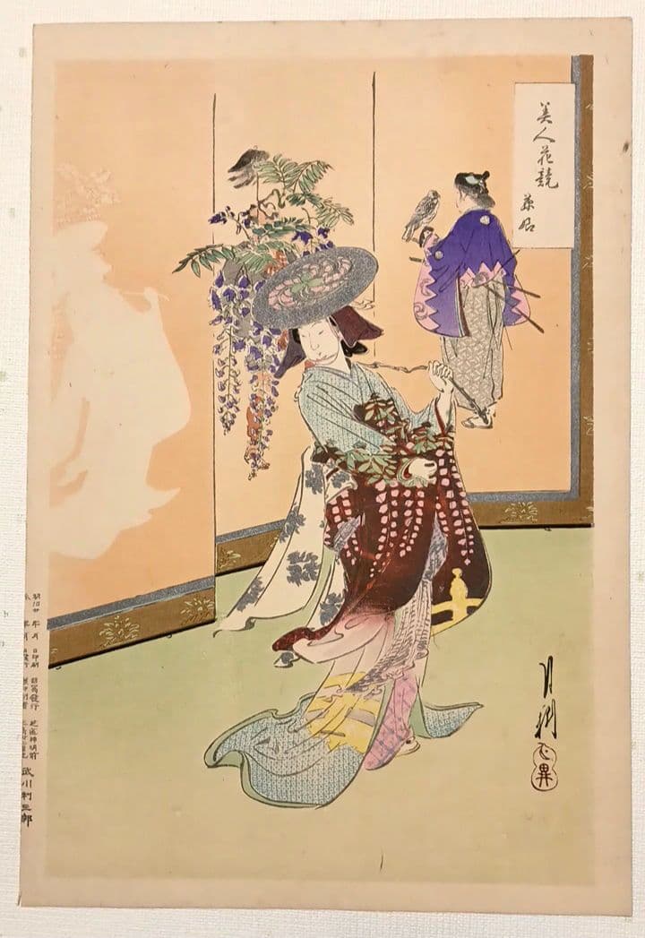 浮世絵版画、美人花競（全24枚揃い目録付き画帖崩れ) 尾形月耕画明治20