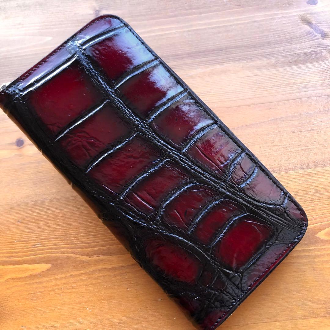 クロコダイル 長財布 高級 一枚革メンズ レディース 赤レッド ブランド