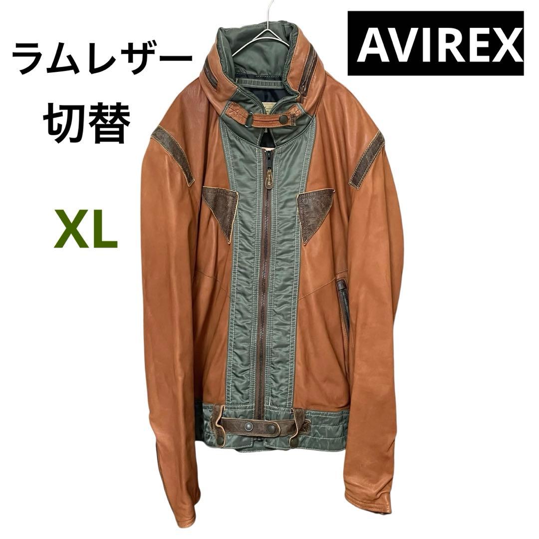希少 AVIREX 60周年記念 ラムレザー ジャケット 切替 XL ブラウン