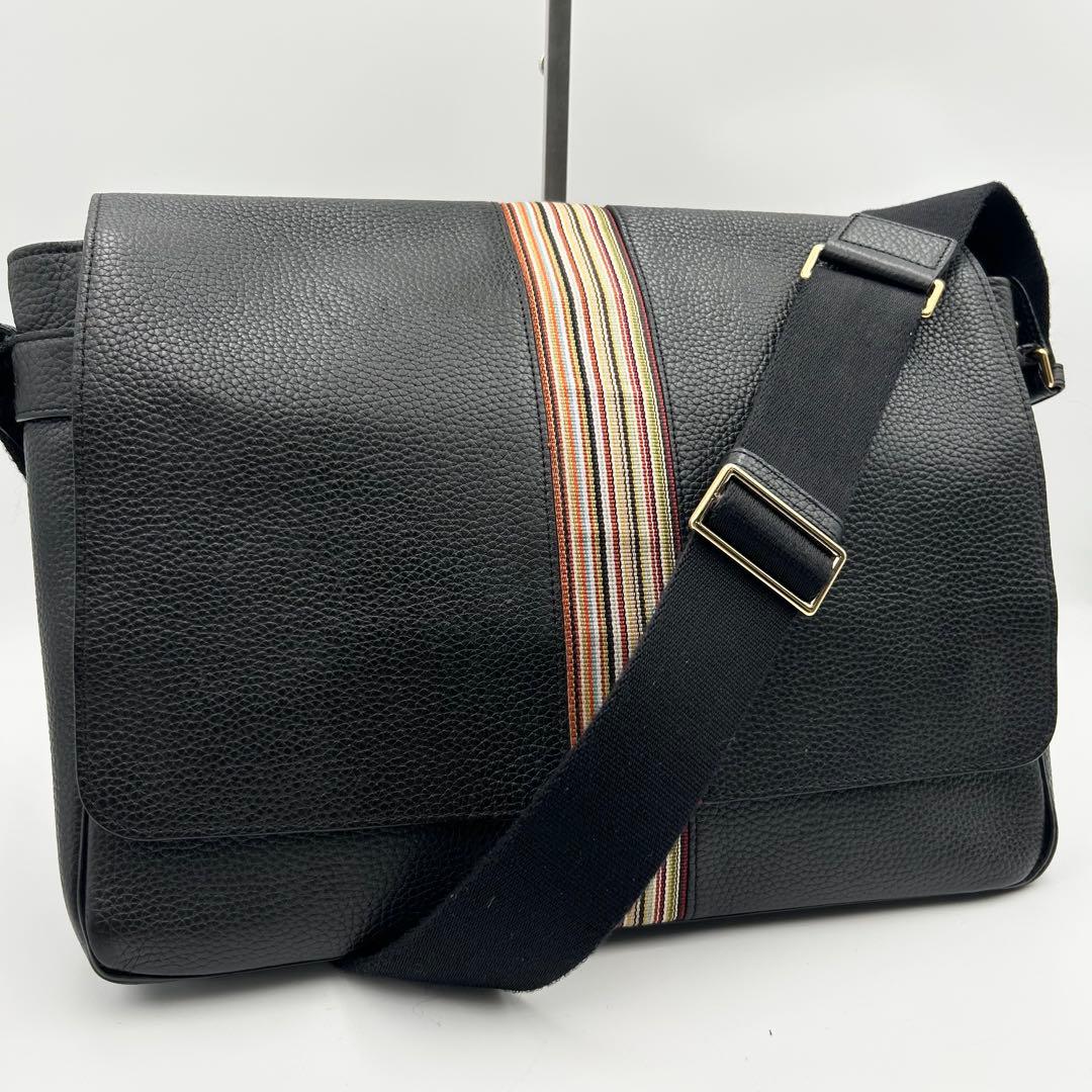 ポールスミス ショルダーバッグ メッセンジャー マルチストライプ シボ革 黒