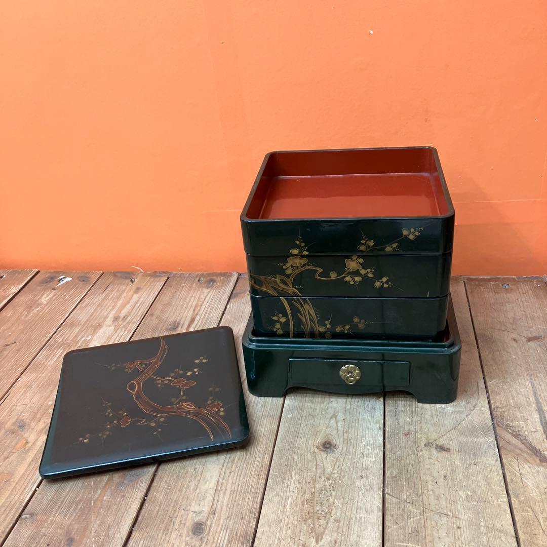 D-5 吉原重 時代物 野弁当 漆器 お重箱 提重 木製 蒔絵 桐箱入り 骨董