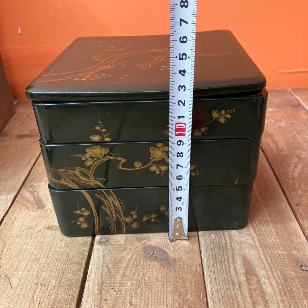 D-5 吉原重 時代物 野弁当 漆器 お重箱 提重 木製 蒔絵 桐箱入り 骨董