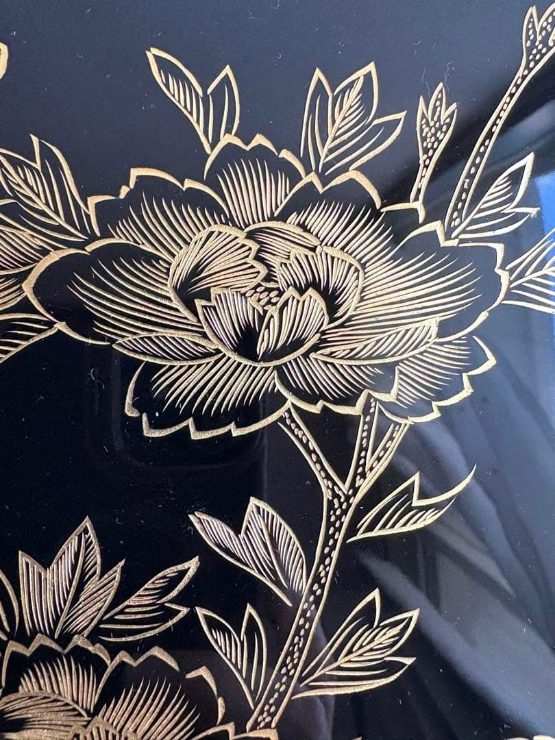 清仙作 黒塗り沈金文箱 牡丹孔雀柄 未使用に近い 箱・布付き和室 書道