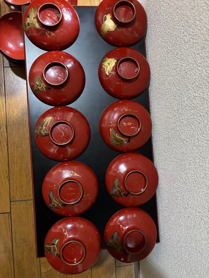 時代　漆器吸い物椀　絵がわり蒔絵10客セット　人物　和歌　明治　大正