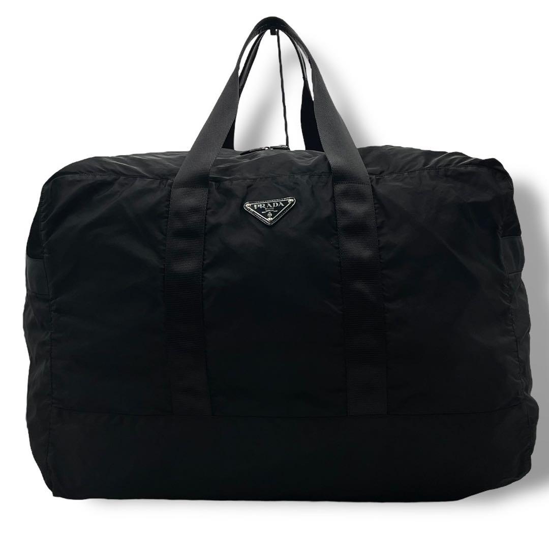 【美品✨】プラダ 三角ロゴ ボストンバッグ 大容量 プレート 旅行 白タグ 黒