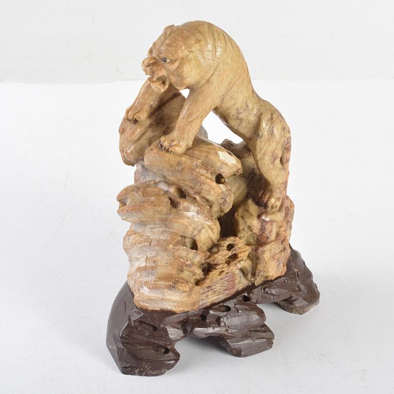 中国　玉石寿山石彫刻　神獣　置物　台付　M　R4786