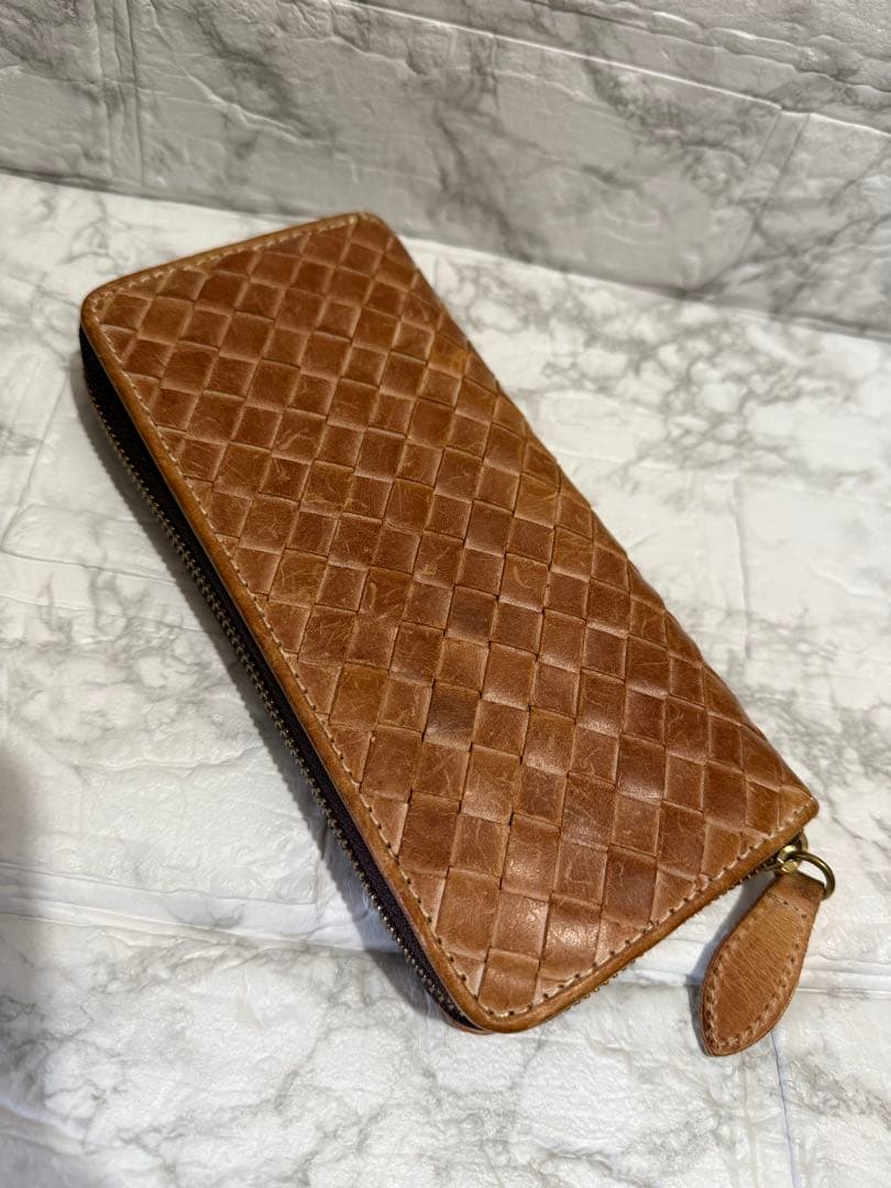 ブライドルレザー イントレチャート 編み込み メンズ 長財布 ラウンドファスナー