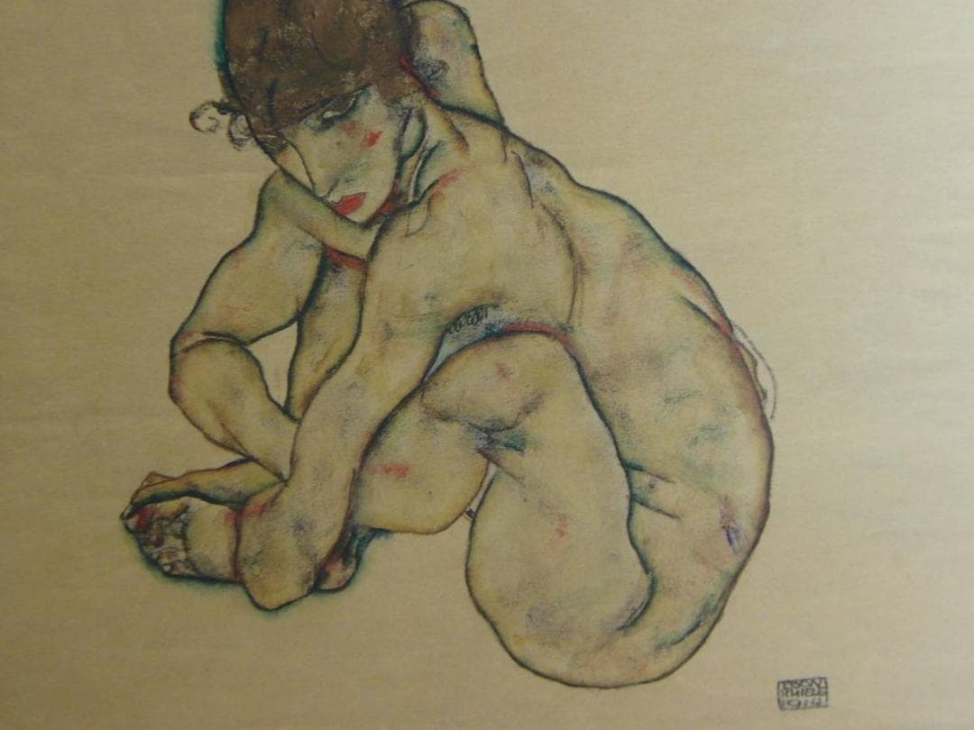 エゴン・シーレ、【うずくまる裸婦】、希少な画集画、状態良好