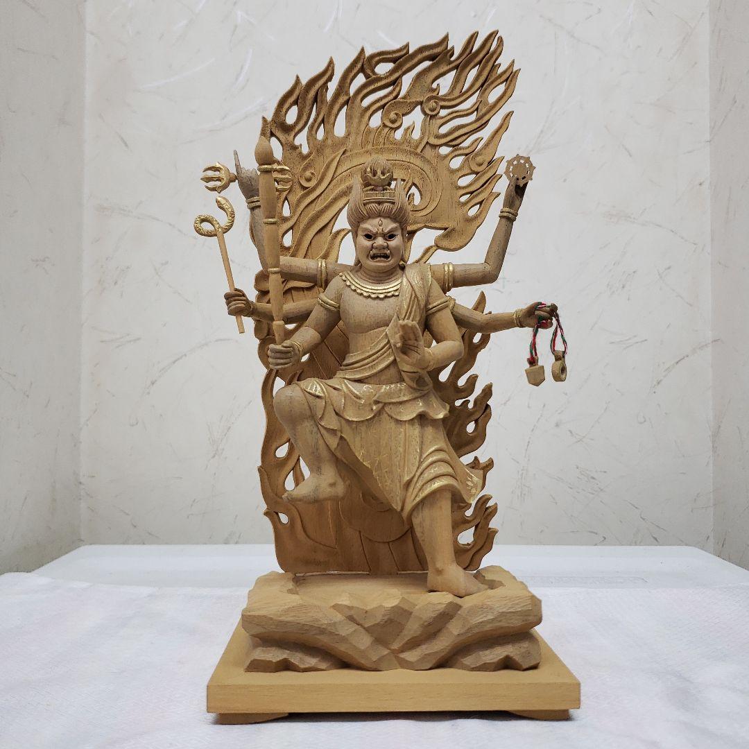 Ｂフライデー蔵出し特価上彫り仏像◆楠材 烏枢沙摩明王5寸立 眼入金泥◆五大明王