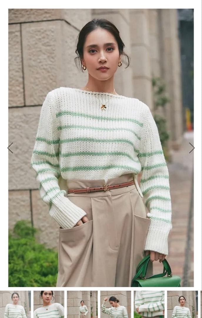 【美品】SEVEN TENローゲージコンパクトニットオフホワイト×グリーンS