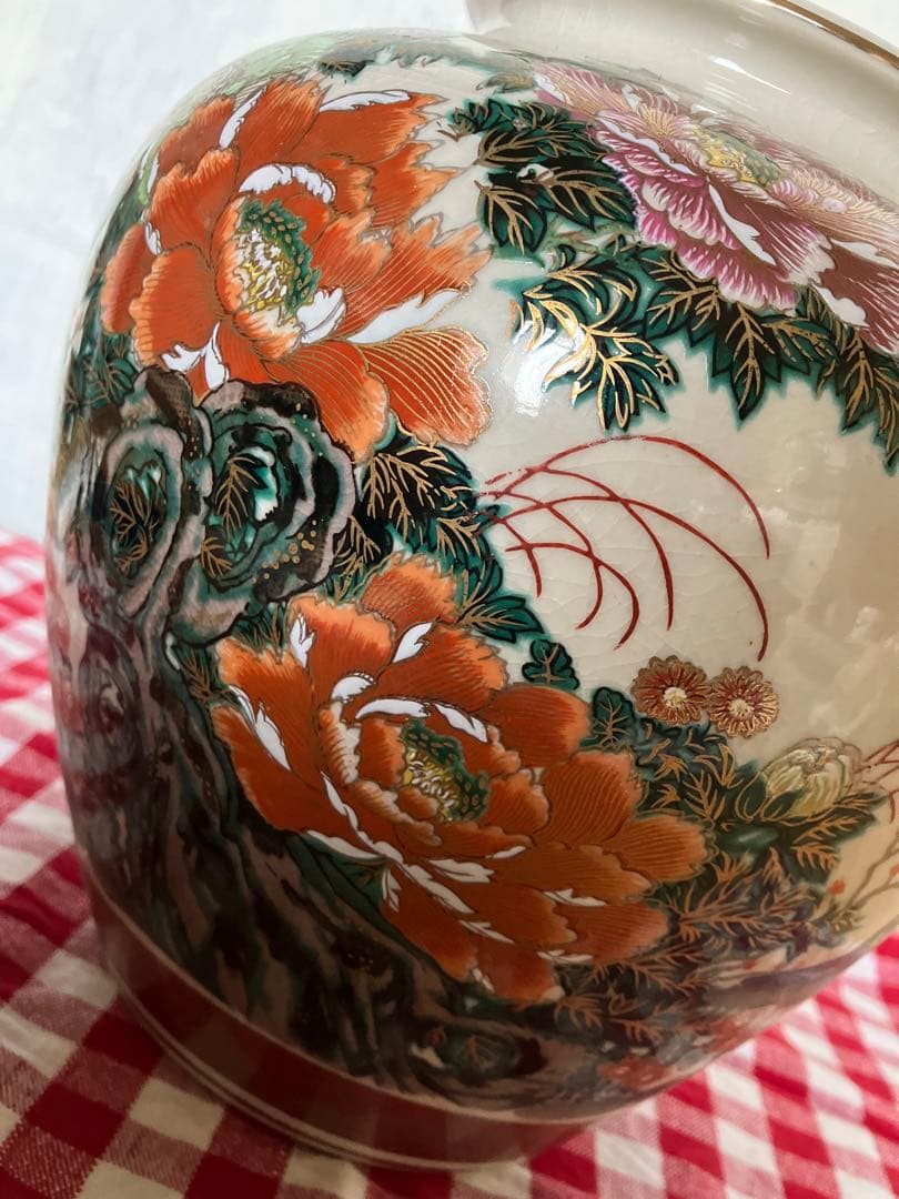 昭和レトロ　古董品　九谷焼　幸作　大型花器　金彩手書き　大富大貴　金牡丹風景