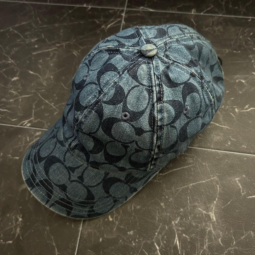 COACH（コーチ）シグネチャーキャップ＊帽子＊デニムブルー＊レザー COACH】コーチ コットン レザー シグネチャー キャップ 帽子 デニム