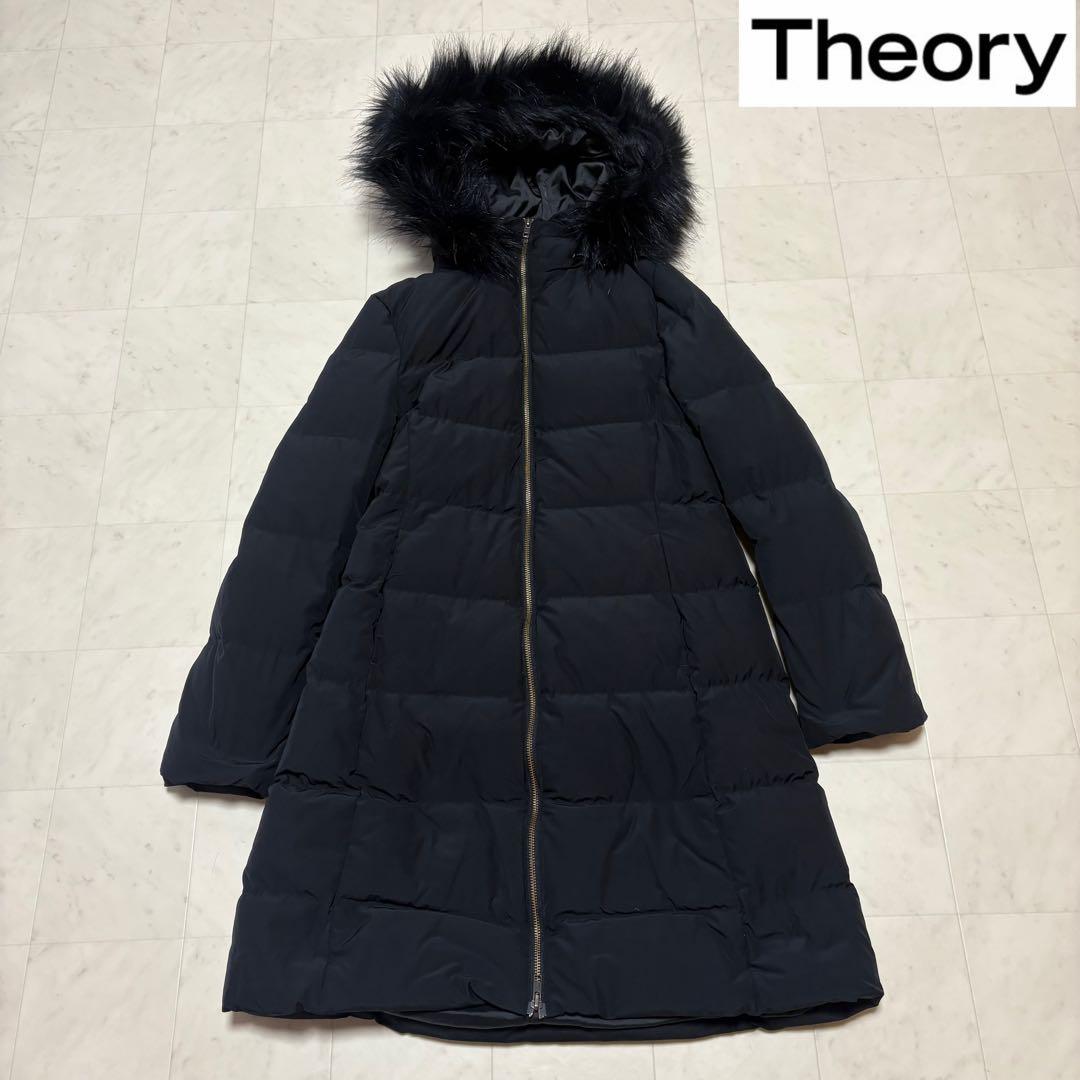【美品】⭐️Theory⭐️セオリー ファーフード付きダウンジャケット ブラックS 美品セオリー 2WAY ショート ダウンジャケット スタンドカラーダーク