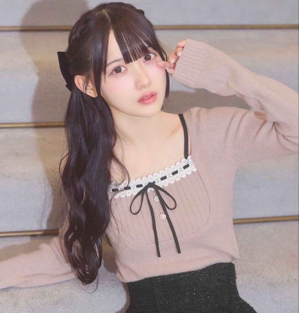 ミシェルマカロン　リボンリブニットトップス　ピンク　フリーサイズ