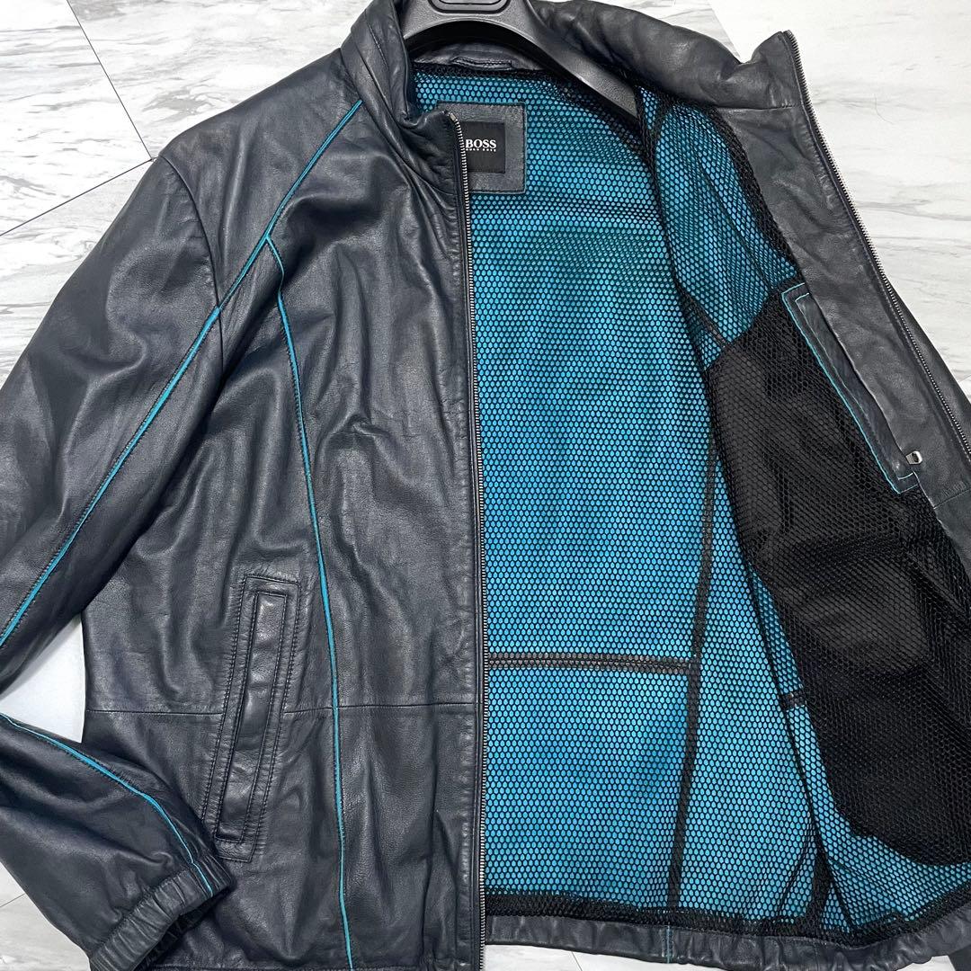 希少2XL 極上ラムレザー⭐️ヒューゴボス レザージャケット 裏地ブルー 濃紺 HUGO BOSS (ヒューゴボス) ラムレザー フルジップ ライダース