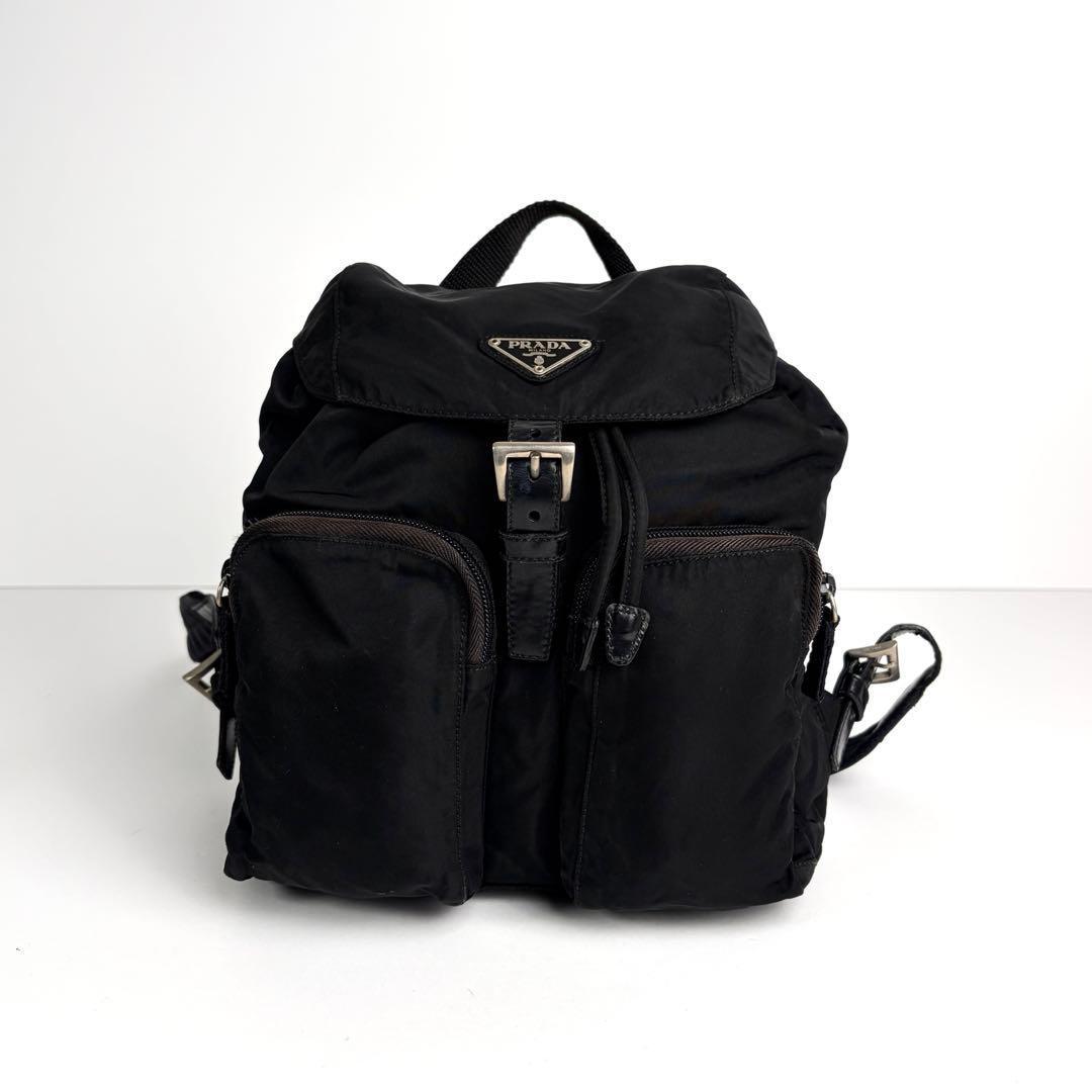 美品 プラダ リュック バックパック 巾着 ベルト 三角ロゴ ナイロン レザー