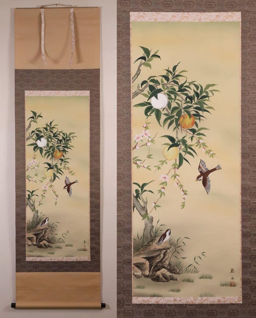 模写】日本画 観山 紅白三桃図 花鳥 雀 絹本 掛軸 彩色 MA989 - メルカリ