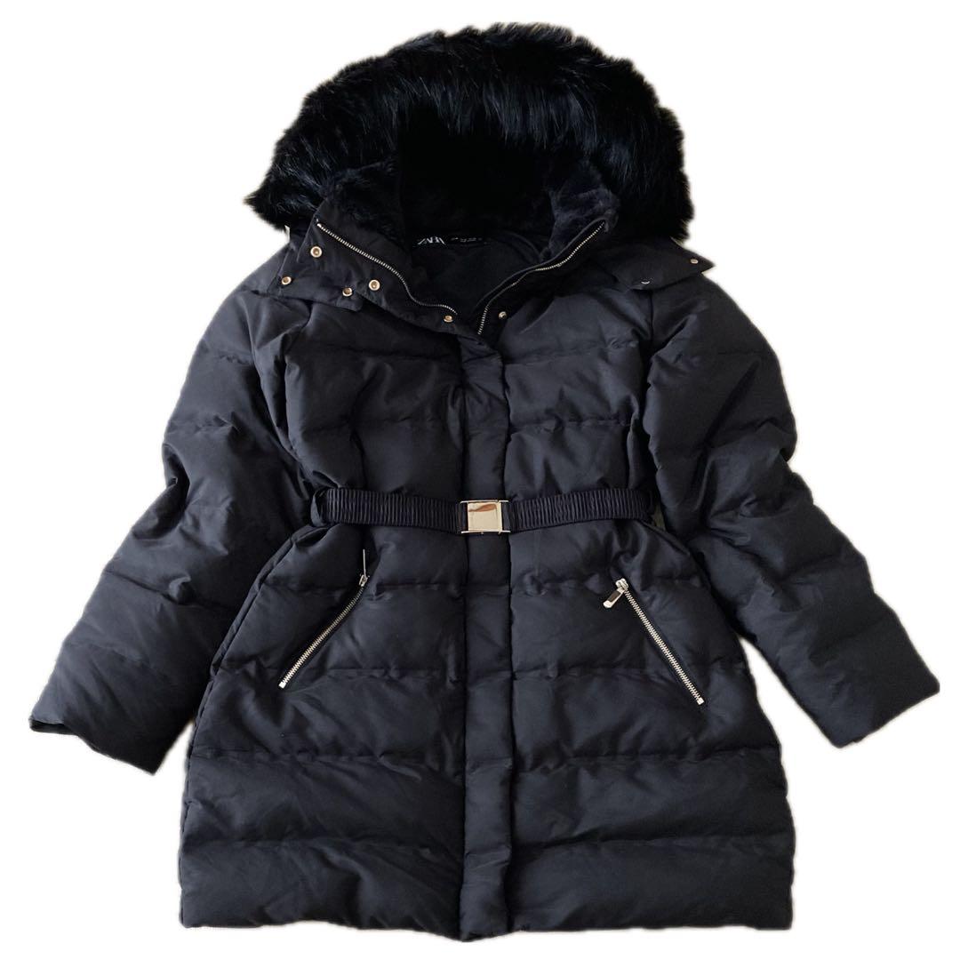 美品】ZARA ダウンコート 24年製 ファー ボア ベルト付き Aライン M
