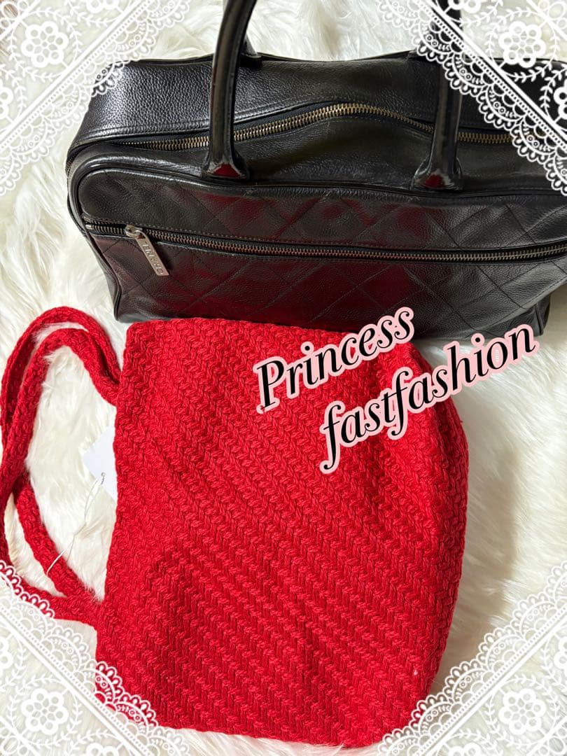 シャネル CHANEL ニット編み レッド＆ブラック スパンコール トート