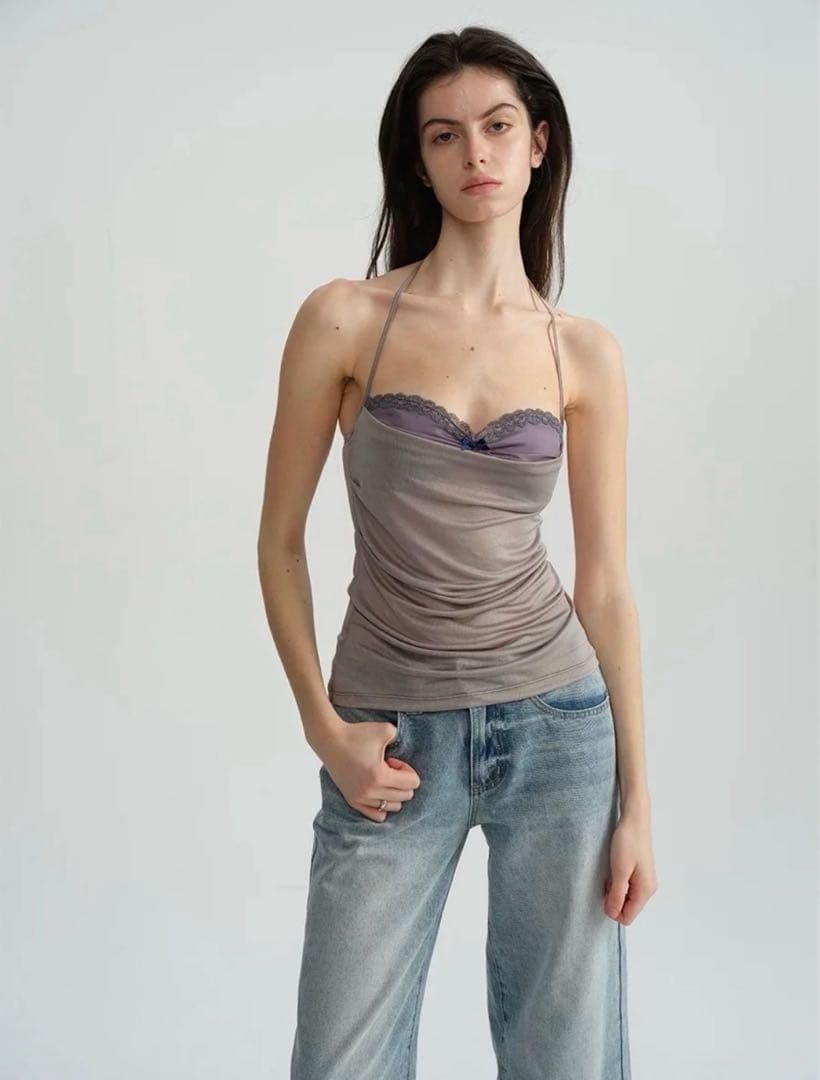 グレー レース付きキャミソール